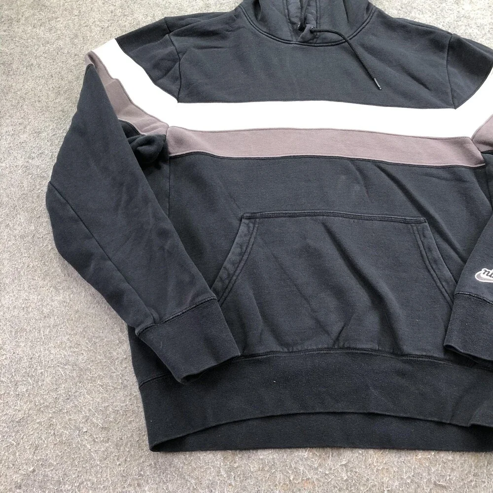 Nike SB Hoodie Mens Medium Black Pullover Fleece Sweatshirt Striped Logo Skate